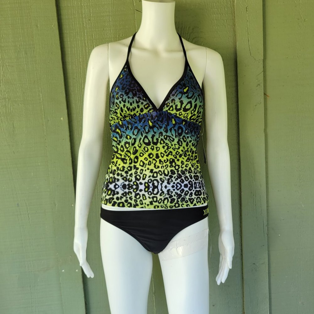 NWT XOXO Black Lime Leopard Print Tankini Bikini Swimsuit Small S